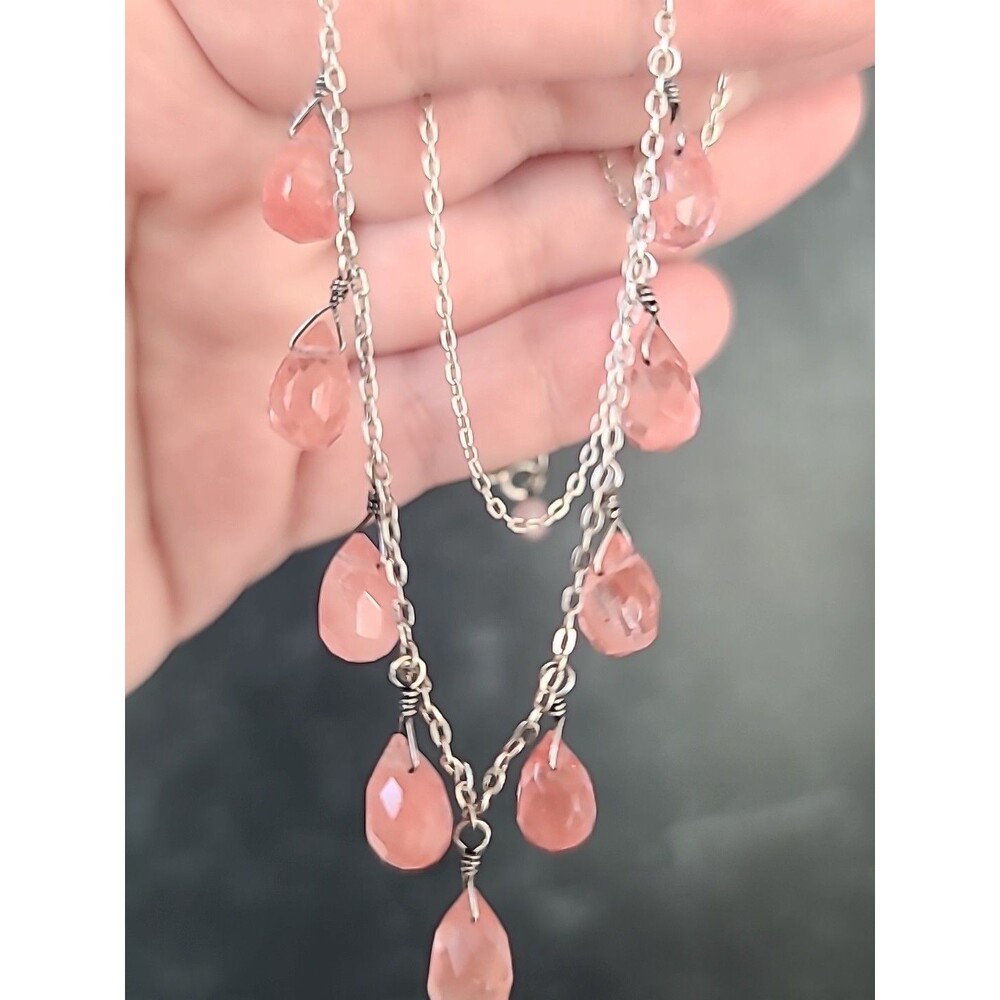 925 Sterling Silver Dangling Pink Glass Adjustable Necklace Vintage
